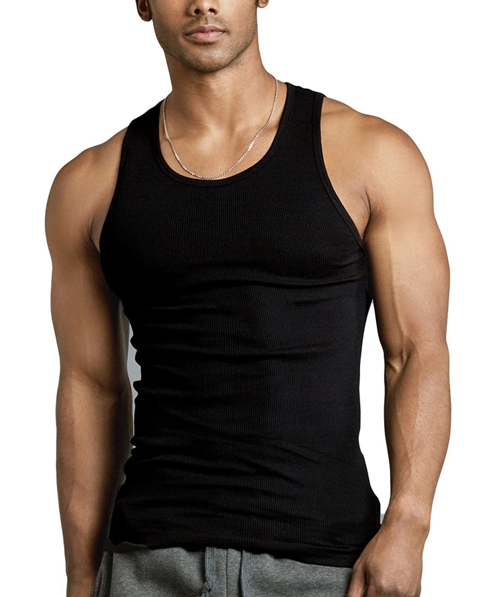 Undershirts Men's Pack of Fine Ribbed Cotton Scoop Neck Sleeveless Tanks - 6-pack - Black - CP18TGLQK97