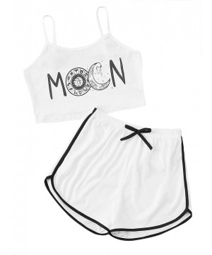 Sets Women's 2PCS Pajama Set Letter Graphic Spaghetti Strap Sleeveless Sleepwear Cami Tops and Shorts - White - CN192NWDDXS