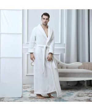 Robes Mens Solid Thicken Coral Fleece Robe Bathrobe Gown Pajamas Sleepwear Pocket - White - CL19C9X9REE