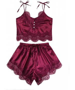 Sets Women's Lace Trim Bralette Shorts Pajama Set Lingerie Nightwear - Burgundy - CR18NHZ7SKI