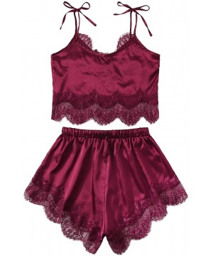 Sets Women's Lace Trim Bralette Shorts Pajama Set Lingerie Nightwear - Burgundy - CR18NHZ7SKI