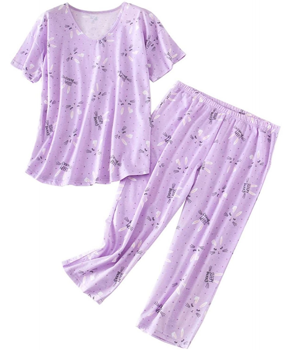 Sets Womens Plus Size Pajama Sets Capri Pants with Short Tops Cotton Sleepwear Ladies Cute Cartoon Print Sleep Sets Rabbit - ...