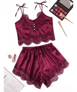 Sets Women's Lace Trim Bralette Shorts Pajama Set Lingerie Nightwear - Burgundy - CR18NHZ7SKI