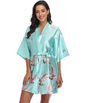 Robes Women's Floral Crane Kimono Robe Short Silky Sleepwear Plus Size Satin Spa Party Dressing Gown - Mint Green - CT199UHROXG