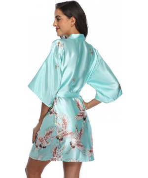 Robes Women's Floral Crane Kimono Robe Short Silky Sleepwear Plus Size Satin Spa Party Dressing Gown - Mint Green - CT199UHROXG