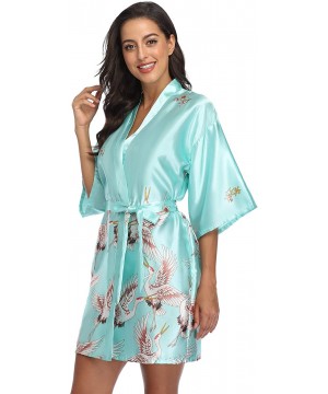 Robes Women's Floral Crane Kimono Robe Short Silky Sleepwear Plus Size Satin Spa Party Dressing Gown - Mint Green - CT199UHROXG