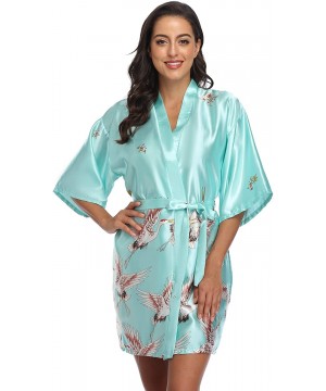 Robes Women's Floral Crane Kimono Robe Short Silky Sleepwear Plus Size Satin Spa Party Dressing Gown - Mint Green - CT199UHROXG