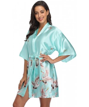 Robes Women's Floral Crane Kimono Robe Short Silky Sleepwear Plus Size Satin Spa Party Dressing Gown - Mint Green - CT199UHROXG