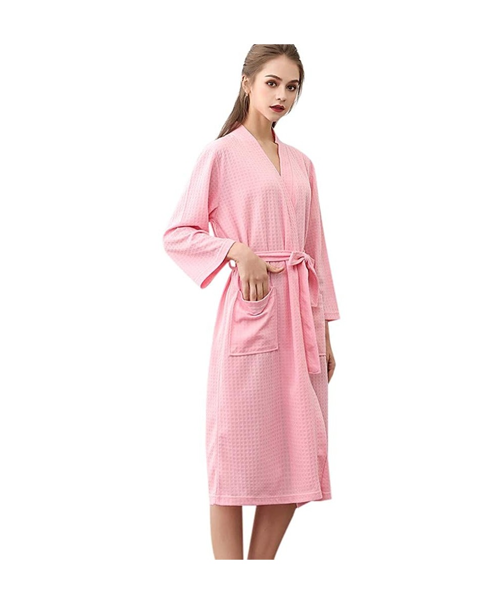 Robes Unisex Breathable Solid Color Bathrobe Splicing Satin Short Kimono Robe Coat Pajamas - Pink - CQ18AGIOUMK