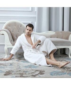 Robes Mens Solid Thicken Coral Fleece Robe Bathrobe Gown Pajamas Sleepwear Pocket - White - CL19C9X9REE