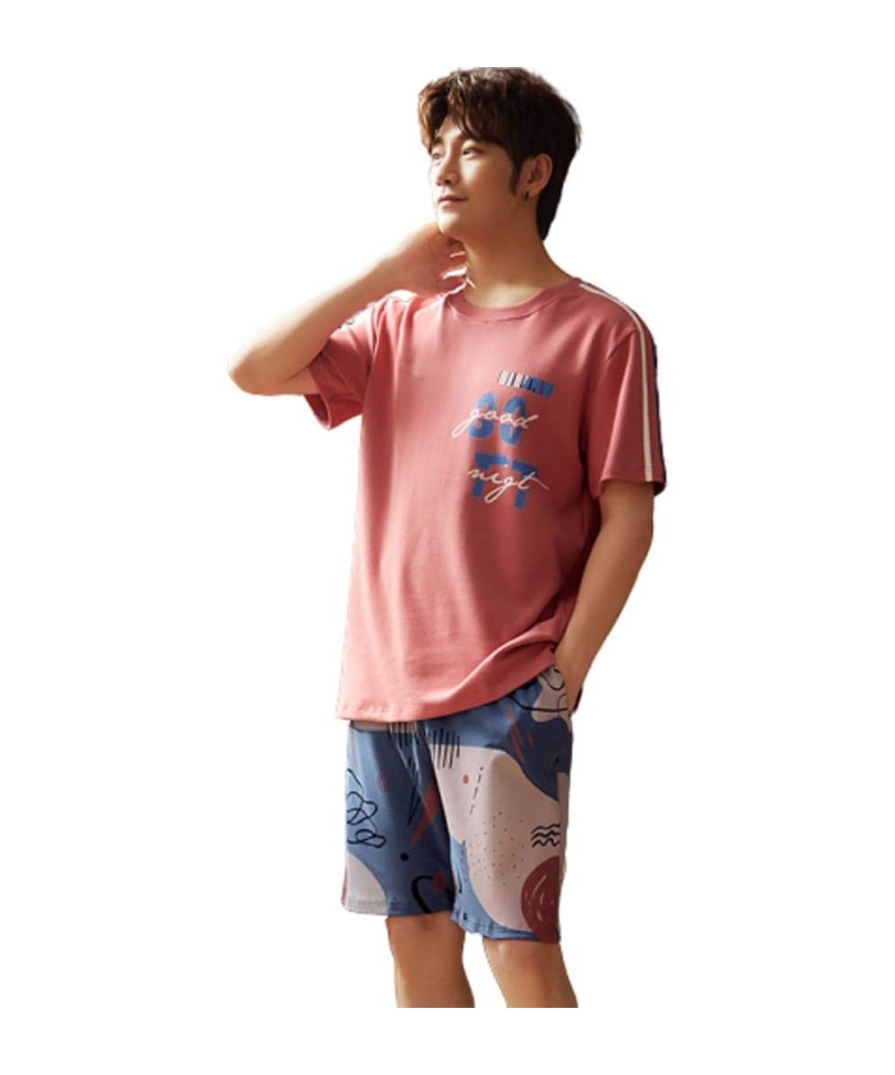 Sleep Sets Mens Pyjama Set Summer 100% Cotton Sleepwear Short Sleeve and Shorts Set with Fashion Design Korea Lounge Wear Hom...