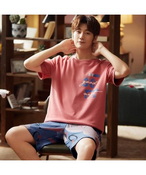 Sleep Sets Mens Pyjama Set Summer 100% Cotton Sleepwear Short Sleeve and Shorts Set with Fashion Design Korea Lounge Wear Hom...