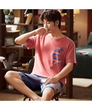 Sleep Sets Mens Pyjama Set Summer 100% Cotton Sleepwear Short Sleeve and Shorts Set with Fashion Design Korea Lounge Wear Hom...