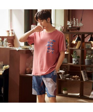 Sleep Sets Mens Pyjama Set Summer 100% Cotton Sleepwear Short Sleeve and Shorts Set with Fashion Design Korea Lounge Wear Hom...