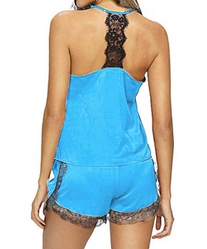 Sets Sexy Womens Sleepwear Strap Nightwear Lace Trim Satin Cami Sleeveless Tops Pajama Sets - Blue - C9190LRA88C