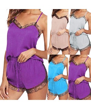 Sets Sexy Womens Sleepwear Strap Nightwear Lace Trim Satin Cami Sleeveless Tops Pajama Sets - Blue - C9190LRA88C