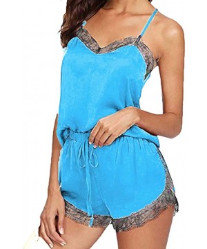 Sets Sexy Womens Sleepwear Strap Nightwear Lace Trim Satin Cami Sleeveless Tops Pajama Sets - Blue - C9190LRA88C