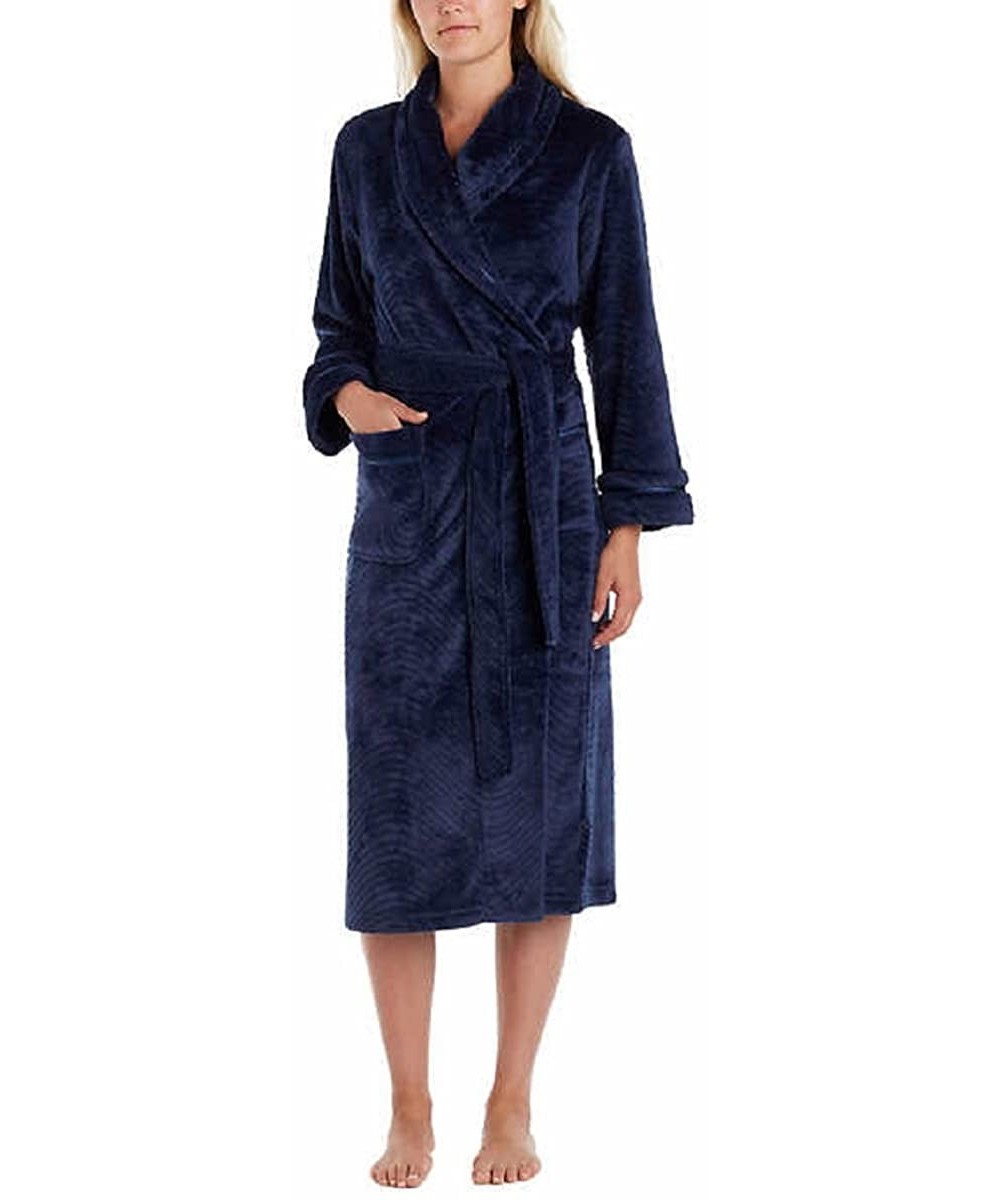 Robes Women's Soft Plush Fleece Wrap Bath Robe With Wave Detail - Navy - CF12NT6OLIN