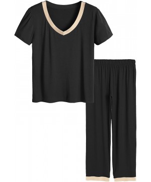 Sets Women's V-neck Sleepwear Short Sleeves Top with Pants Pajama Set - Black - CN19C5ONELH