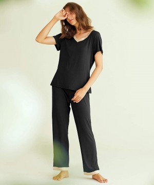 Sets Women's V-neck Sleepwear Short Sleeves Top with Pants Pajama Set - Black - CN19C5ONELH