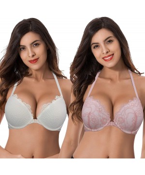 Bras Womens Push Up Add 1 and a Half Cup Underwire Halter Front Close Bras - Light Pink-ivory(2 Pack) - C11928E2K3Z