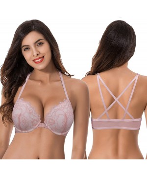 Bras Womens Push Up Add 1 and a Half Cup Underwire Halter Front Close Bras - Light Pink-ivory(2 Pack) - C11928E2K3Z