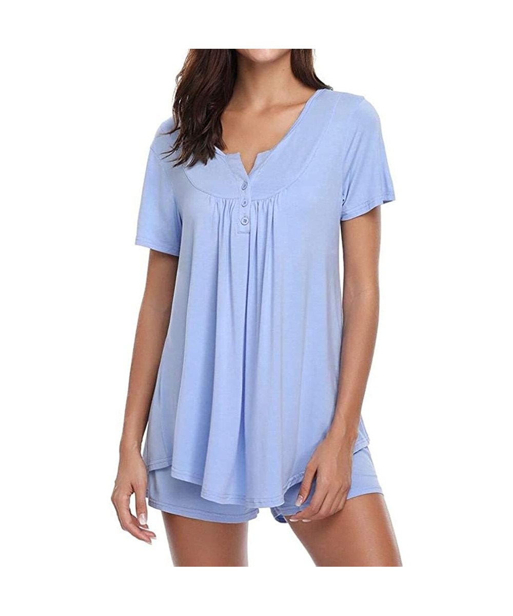 Sets Tops Women's Button Short Sleeve Sleepwear Set Pajama Sets Bamboo Tank and Shorts Set - Blue - CQ18H6H5XKN