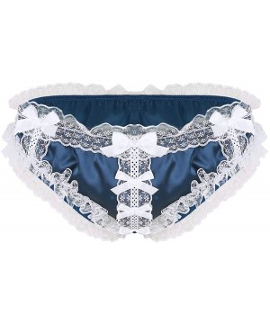 Bikinis Men's Shiny Satin Pouch Low Rise Floral Lace Maid Lingerie Bikini Sissy Panties - Dark Blue - CN19CM85NY9