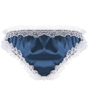 Bikinis Men's Shiny Satin Pouch Low Rise Floral Lace Maid Lingerie Bikini Sissy Panties - Dark Blue - CN19CM85NY9