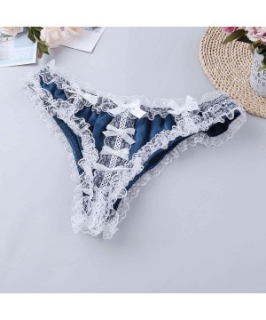 Bikinis Men's Shiny Satin Pouch Low Rise Floral Lace Maid Lingerie Bikini Sissy Panties - Dark Blue - CN19CM85NY9