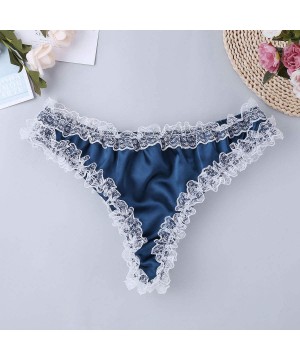 Bikinis Men's Shiny Satin Pouch Low Rise Floral Lace Maid Lingerie Bikini Sissy Panties - Dark Blue - CN19CM85NY9