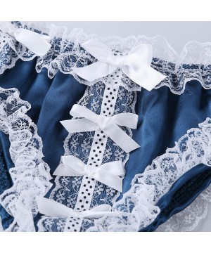 Bikinis Men's Shiny Satin Pouch Low Rise Floral Lace Maid Lingerie Bikini Sissy Panties - Dark Blue - CN19CM85NY9