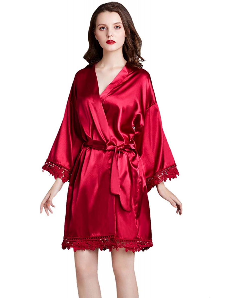 Robes Women's Bathrobes Short Satin Lace Kimono Robes Bridesmaid Sleepwear - 15 Red - CD197HC8K76