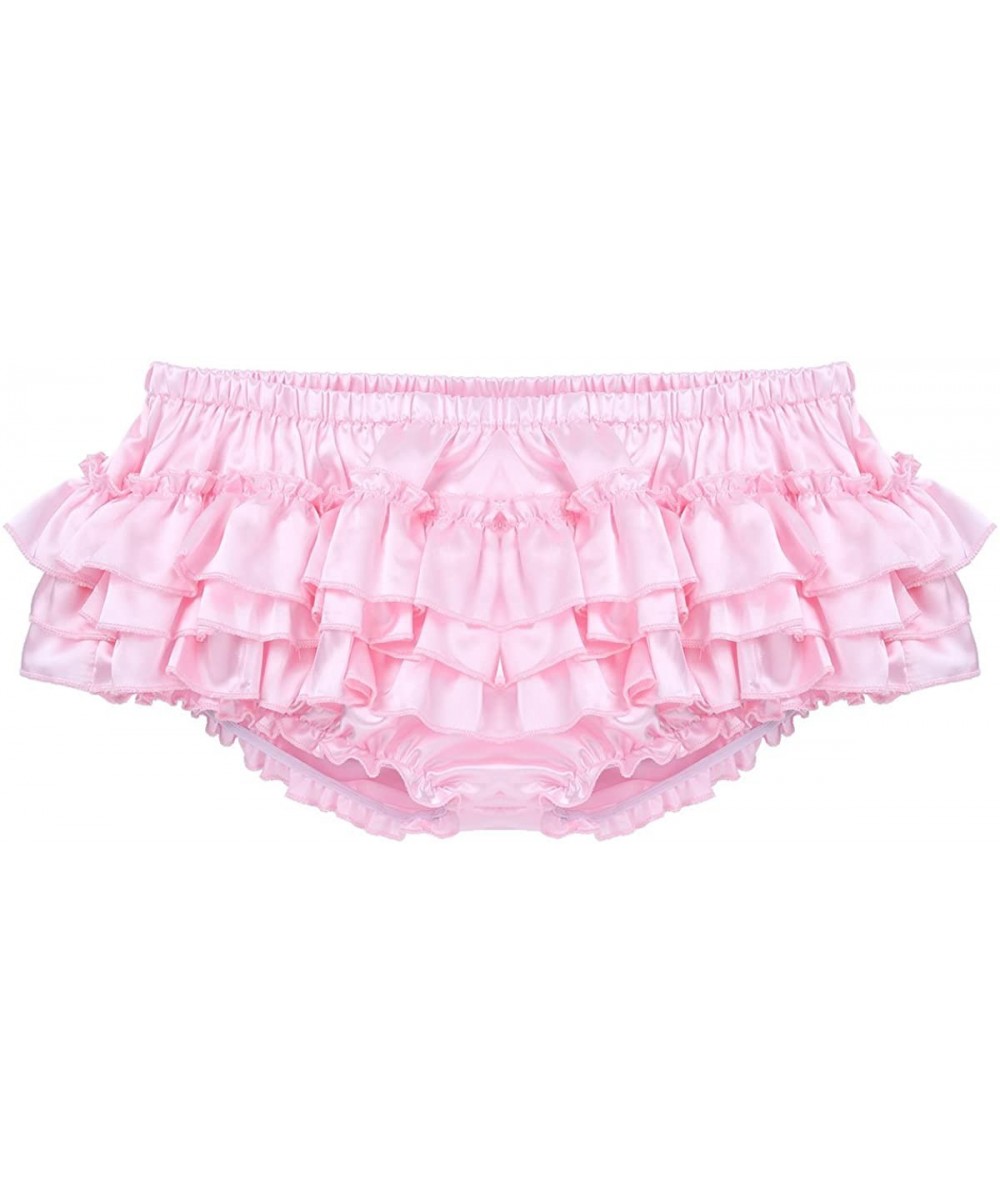 Briefs Men Sissy Frilly Panties Bloomers Ruffled Skirted Thong Satin Bikini Underwear Pajamas Lingerie - Pink - CR18WXRKQC0