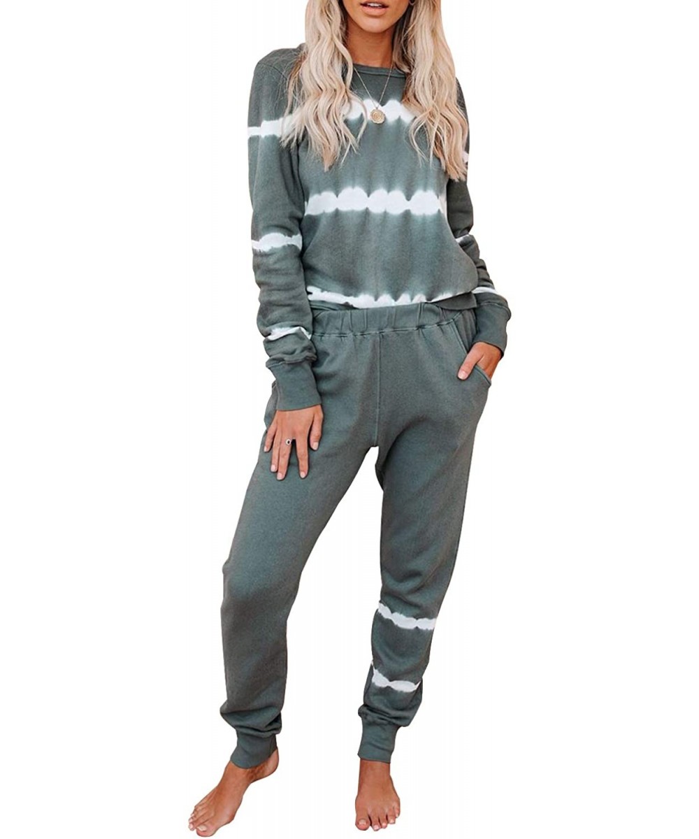 Sets Womens Tie Dye Printed Loungewear Striped Long Sleeve Tops and Pants Joggers Long Pajamas Set Sleepwear Grey Green - C01...