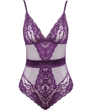 Baby Dolls & Chemises Women Sexy Lingerie Lace Teddy One Piece Mesh Bodysuit - Purple - C118L4YRSSE