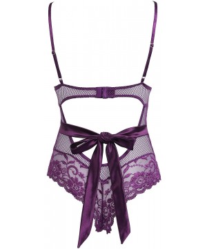 Baby Dolls & Chemises Women Sexy Lingerie Lace Teddy One Piece Mesh Bodysuit - Purple - C118L4YRSSE