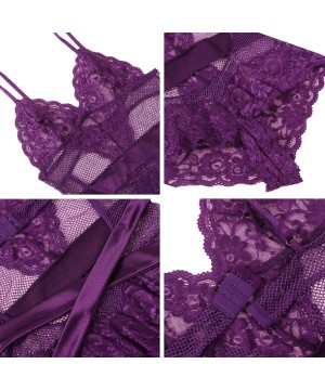 Baby Dolls & Chemises Women Sexy Lingerie Lace Teddy One Piece Mesh Bodysuit - Purple - C118L4YRSSE