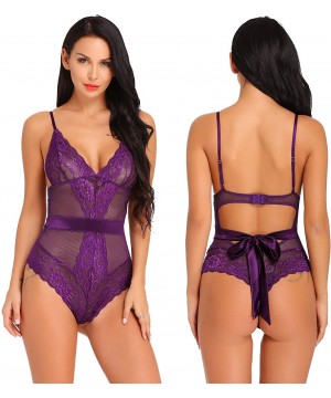 Baby Dolls & Chemises Women Sexy Lingerie Lace Teddy One Piece Mesh Bodysuit - Purple - C118L4YRSSE