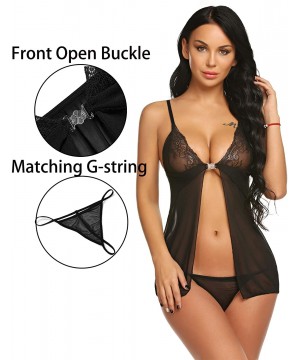 Baby Dolls & Chemises Women Sexy Lingerie Mini Open Front Babydoll Lace Mesh Chemise with G-String Set - Style 1-black - C818...