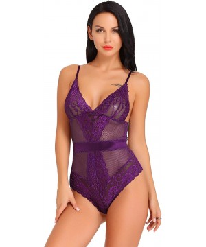 Baby Dolls & Chemises Women Sexy Lingerie Lace Teddy One Piece Mesh Bodysuit - Purple - C118L4YRSSE