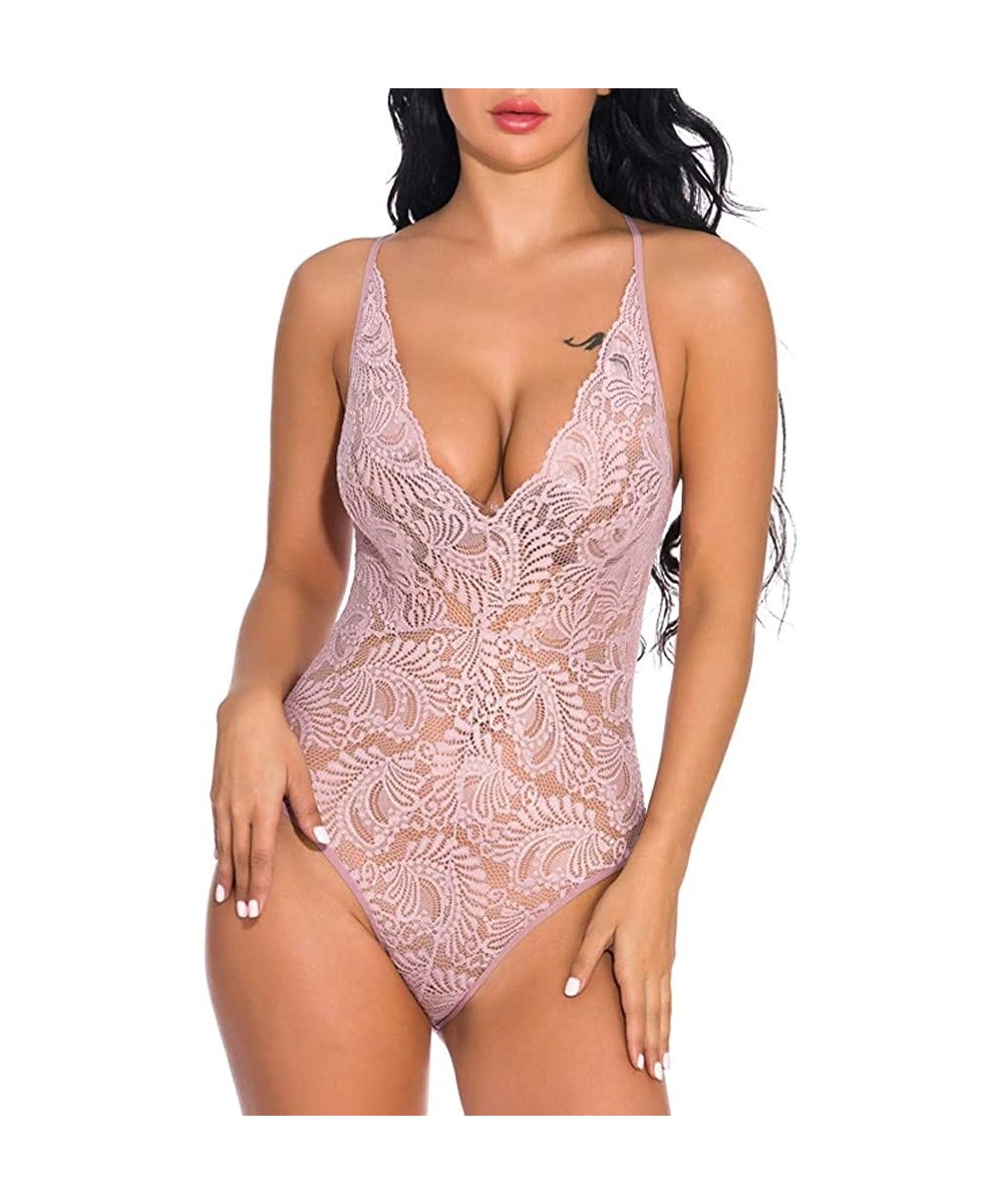 Bustiers & Corsets One Piece Women Lace V-Neck Teddy Lingerie Jumpsuit Blackless Bodysuit Sleepwear - Pink - CG18XOWW743