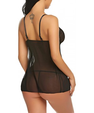 Baby Dolls & Chemises Women Sexy Lingerie Mini Open Front Babydoll Lace Mesh Chemise with G-String Set - Style 1-black - C818...