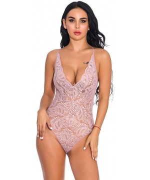 Bustiers & Corsets One Piece Women Lace V-Neck Teddy Lingerie Jumpsuit Blackless Bodysuit Sleepwear - Pink - CG18XOWW743