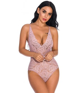 Bustiers & Corsets One Piece Women Lace V-Neck Teddy Lingerie Jumpsuit Blackless Bodysuit Sleepwear - Pink - CG18XOWW743