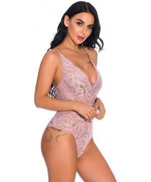 Bustiers & Corsets One Piece Women Lace V-Neck Teddy Lingerie Jumpsuit Blackless Bodysuit Sleepwear - Pink - CG18XOWW743