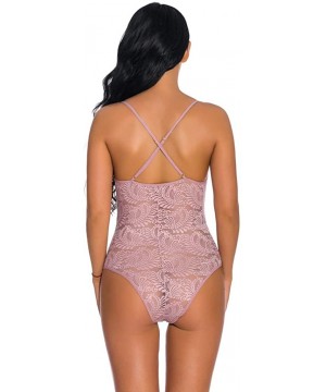 Bustiers & Corsets One Piece Women Lace V-Neck Teddy Lingerie Jumpsuit Blackless Bodysuit Sleepwear - Pink - CG18XOWW743