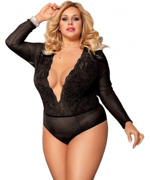 Shapewear Women's Lace Mesh Bodysuit Long Sleeve Leotard Plus Size Teddy Clubwear Top US 4-18 - Black - CY18XL2KM43