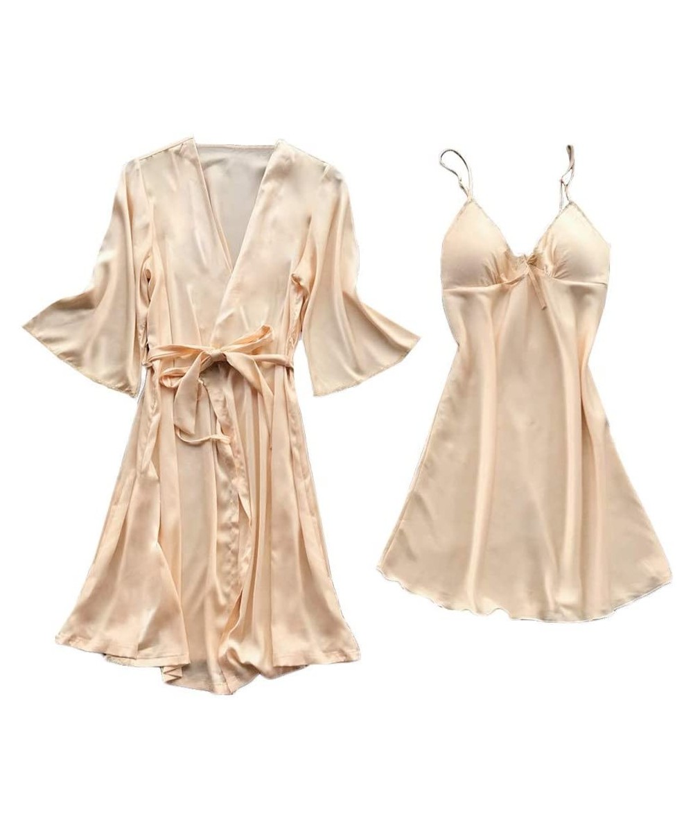 Robes Women Stain Lace Silk Lingerie Nightdress Robe Pajamas Bathrobe Sleepwear Set - Khaki - C2199UW3RDL