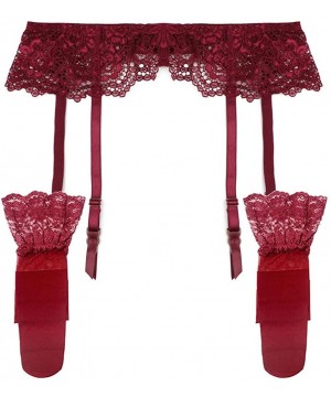 Garters & Garter Belts Floral Lace Garter Belt Stockings Sexy Underwear 2 pcs for Ladies - Wine Red - CZ196WSHCHG